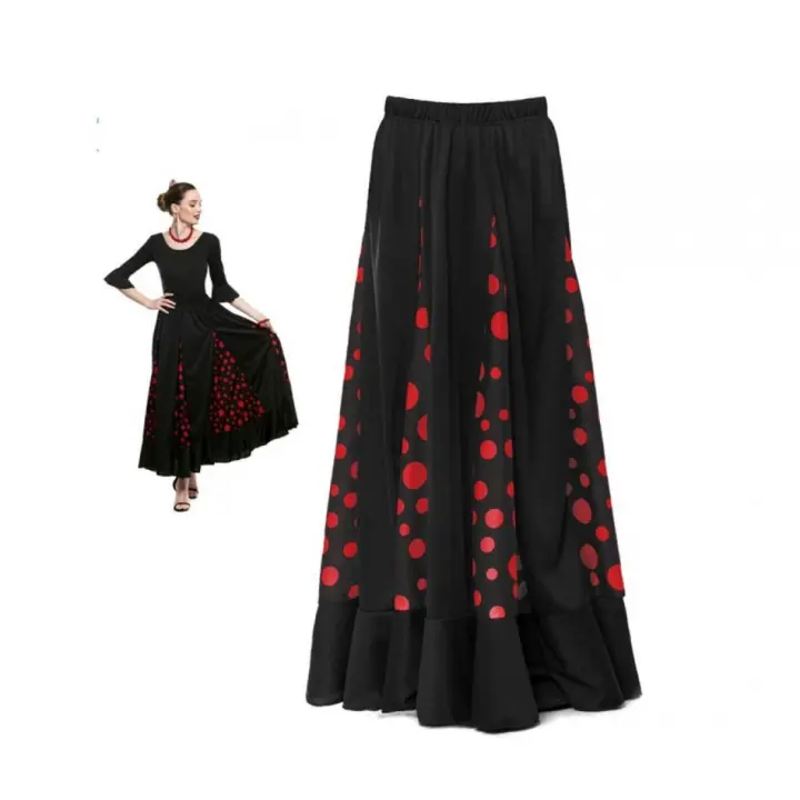 Partilandia Falda Sevillana de Quillas con Lunar negro y rojo para mujer - 1