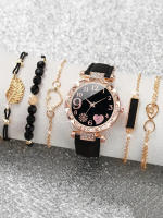 Reloj De Cuarzo Para Mujer 6PCS Moda Lujo Pulsera De Cuero Rosa Estilo Analogico Conjunto De Reloj Y Pulsera De Mujer - details 1