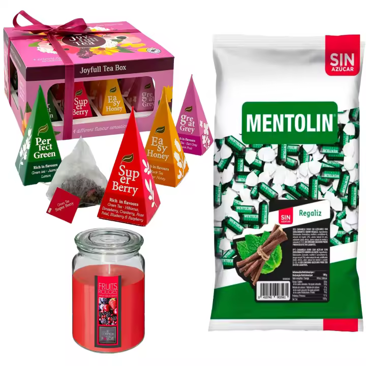 Pack surtido: MENTOLIN REGALIZ S/A BOLSA 1KG + WELL HOME - Vela perfumada de frutos rojos + WELL HOME - Caja de Té Joyfull con variedad de sabores - 1