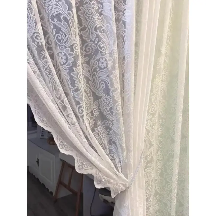 Cortina De Encaje Blanca Romántica Para Dormitorio Y Sala De Estar 1PC Cortina De Ventana Con Diamantes Translúcida De Poliéster 100% - 1