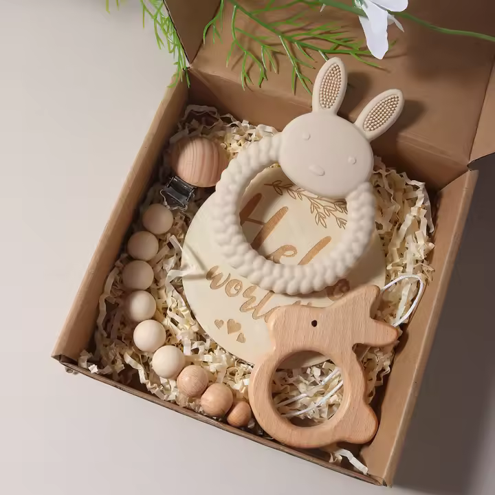 Juego De Regalo Para Bebé Recién Nacido Mordedor De Silicona Conejito Juguete De Madera Rattle Accesorios Para Fotografía - 1
