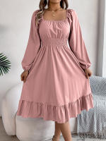 Vestido A-Line De Mujer Elegante Otoño Invierno Color Sólido Cuello Cuadrado Manga Larga Volantes Vestido Midi Casual Polyester Spandex - details 21