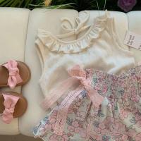 Conjunto De Ropa Para Bebé Niña Bear Leader Verano Sin Mangas Con Encaje Y Bow Flower Print Shorts Estilo Casual Material Algodón Y Poliéster - details 3