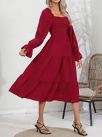 Vestido De Mujer Casual Primavera/Otoño Con Cuello Cuadrado Ruffle Tirantes Manga Larga A-Line Longitud Media Pierna Polyester - details 2
