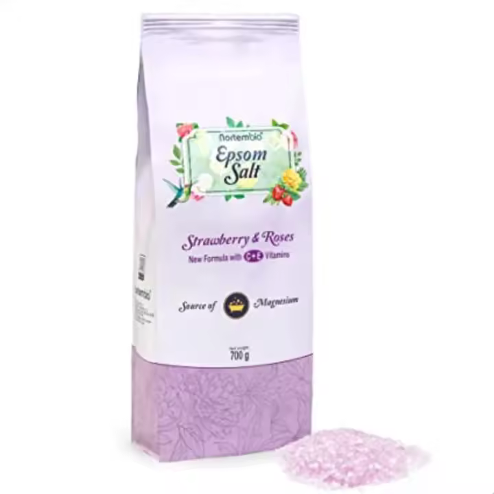 Nortembio. Sal Epsom 700g. Fragancia Fresa y Rosas. Sal de baño Hidratante con Vitamina C y E. Relajación y Aromaterapia. - 1