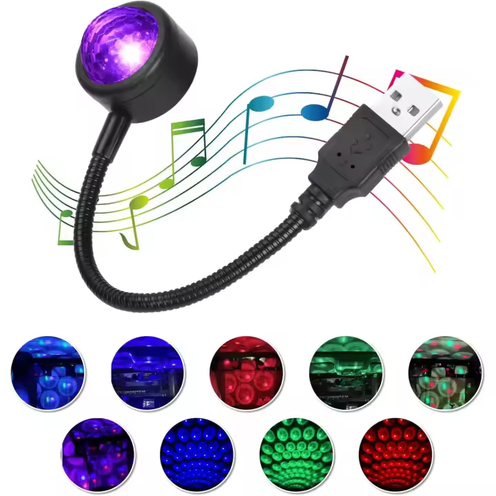 Luz LED de ambiente para techo, proyector de estrellas para coche con sonido activado por USB, luz nocturna romántica LED para techo de coche, 3 colores, 9 efectos de iluminación - 1