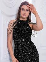 Vestido De Fiesta De Encaje Brillante Con Cuentas Cuello Halter Sin Hombros Vestido Largo Para Mujer Vestido De Noche Sexy Y Club - details 5