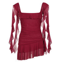 IAMHOTTY Vestido Mini A-line Asimétrico Elegante Para Mujer Con Volantes Y Collar Cuadrado Vestido De Fiesta Estilo Chic Coquette - details 1