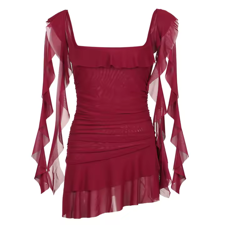 IAMHOTTY Vestido Mini A-line Asimétrico Elegante Para Mujer Con Volantes Y Collar Cuadrado Vestido De Fiesta Estilo Chic Coquette - 1
