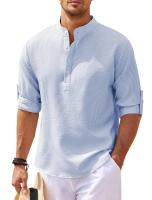 Camisa Larga Para Hombre Estilo Europeo Y Americano Cuello Erguido Botones Parcialmente Abiertos Casual Pirul Plaid Otoño - details 5