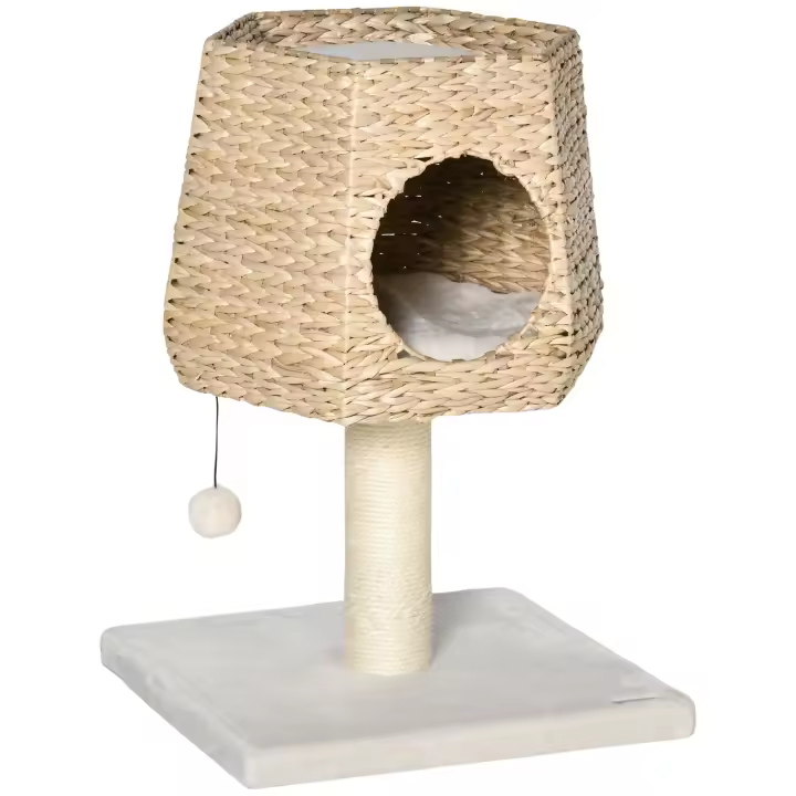 PawHut Árbol Rascador para Gatos Pequeño Altura 66 cm Torre Escalador de Gato con Cueva de Juncos Cama Superior Cojines Poste Rascador de Sisal y Bola Colgante Crema y Natural - 1