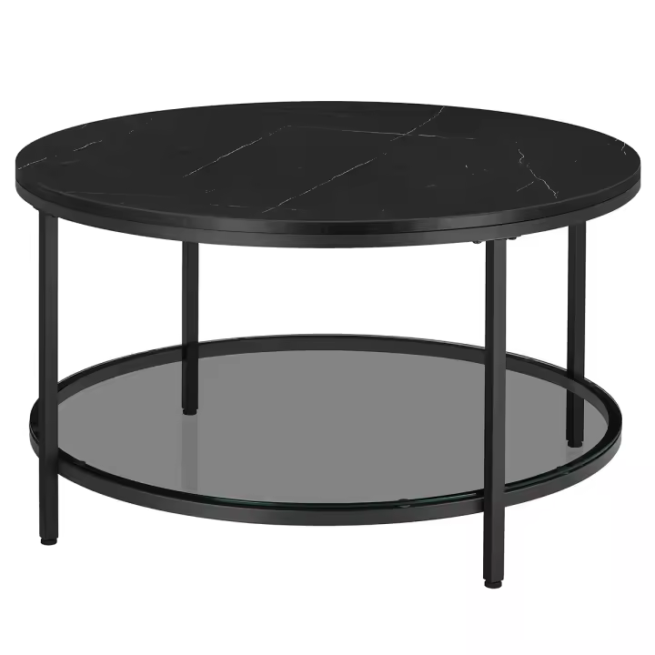 VASAGLE Mesa de Centro, Mesa de Salón, Mesa de Sofá de Mármol de Imitación Redonda, Estante de Vidrio Templado, Montaje Fácil, Estilo Moderno, Salón, Blanco Mármol y Dorado Métalico/Blanco Mármol y Negro Tinta/Mármol Negro y Negro Tinta - 1