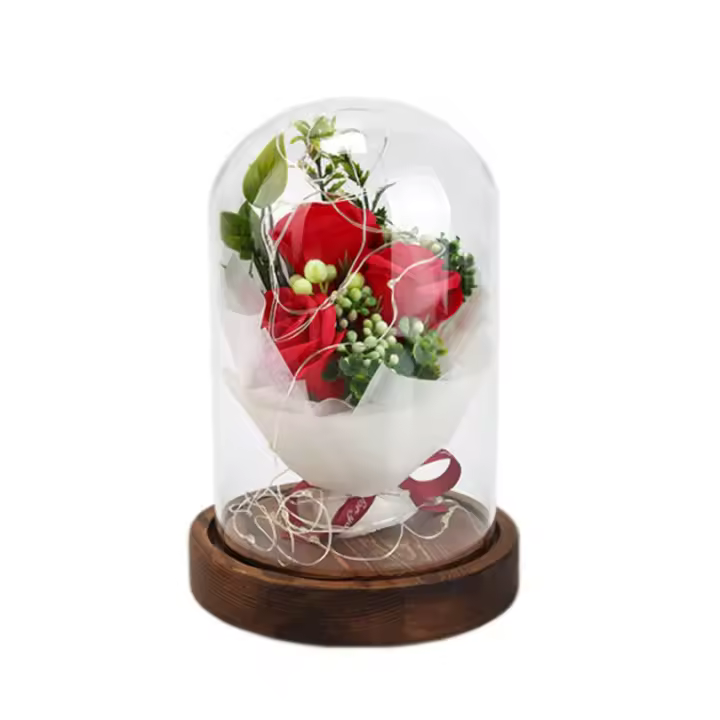 Rosas en Cupula con Luz, La Bella y la Bestia, Rosa de Seda roja con luz LED, Elegante Cúpula de Cristal con Base Pino para la decoración del hogar, Regalo de Navidad, Boda Cumpleaños Día de San Valentín - 1