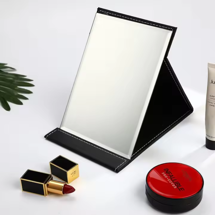 Portable Folding Makeup Mirror, Ultra HD Mirror Makeup Mirror Black PU Leather Travel Mirror Desktop Vanity Mirror Rectangular Makeup Mirror - 1
