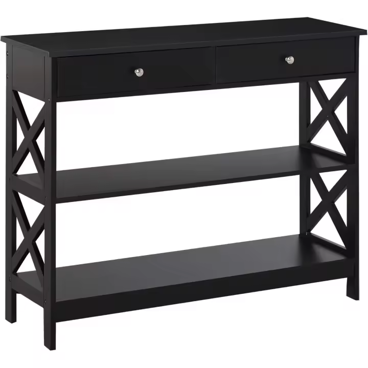 Entryway Console Table Reception with 2 Drawers and 2 Lower Shelves, Modern Furniture Raised Base, Anti-Roll 100 x 30.5 x 80 cm, Black - 1