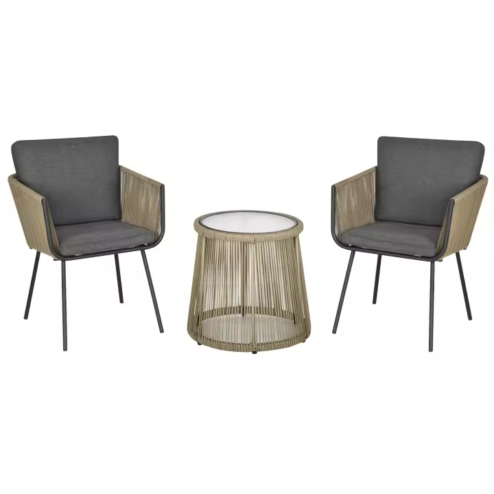 Outsunny Conjunto de Jardín Exterior de 3 Piezas Juego de 2 Sillas y Mesa de Ratán con Cojines Acolchados y Encimera de Vidrio para Balcón Terraza Café y Gris - 1