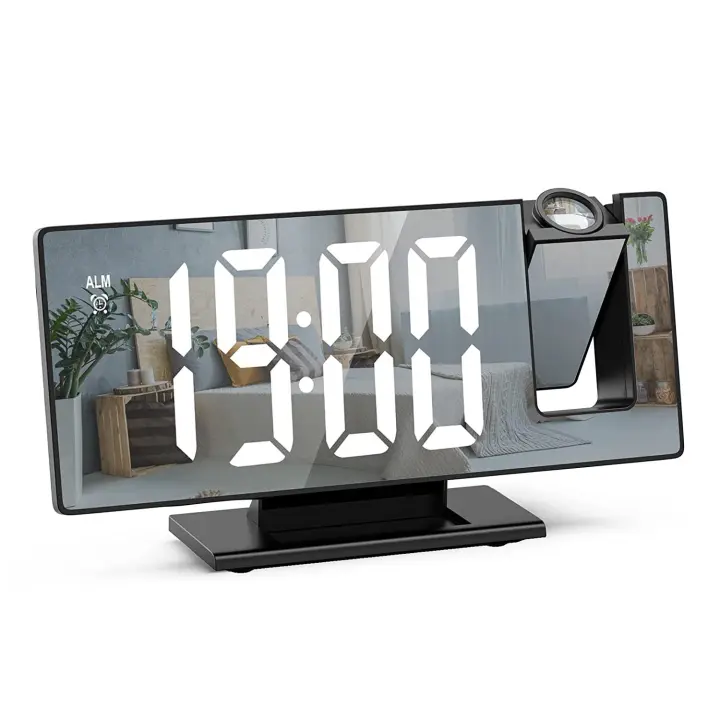 Reloj despertador digital con proyección de 180 °, con espejo LED, pantalla grande, pantalla de temperatura, despertador digital con repetición, fecha, 3 brillo, para dormitorio y oficina - 1