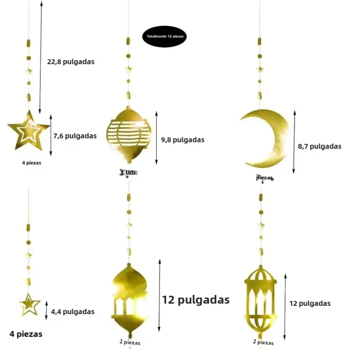 Decoración De Fiesta Aladdin Con Lámpara De Estrella Dorada Y Crescent Moon 16pcs Guirnalda De EID Ramadan Banderín Colgante Para Cumpleaños Y Fiesta De Eid - 1