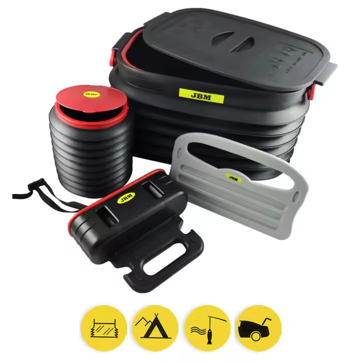 SET ORGANIZADOR DE MALETERO MULTIFUNCIONAL JBM 52618. Set compuesto de 4 piezas: - cofre felxible 37L con tapa (300mm x 490mm) - bidón circular con tapa 180mm de diam. (230mm altura) - colgador porta objetos sin tapa (9omm altura x 260mm largo) - bandeja - 1