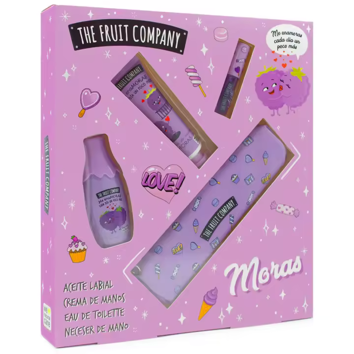 The Fruit Company Set Pack Regalo Mora, Aceite Labial, Crema de Manos, Colonia Eau de Toilette, Neceser de Mano. Edición Navidad. - 1