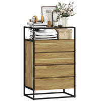 HOMCOM Cómoda 4 Cajones, Cómoda Dormitorio con Superficie de Vidrio Templado, Estante Abierto, Estructura de Acero, Cajonera para Salón, Oficina, 60x40x94,5 cm, Teca - details 0