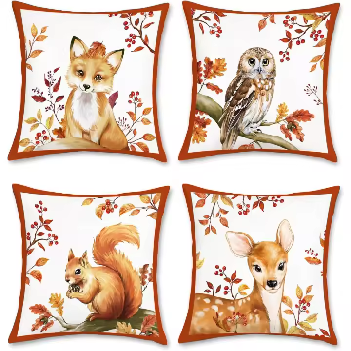 Fundas de peluche con diseño de Animales de otro, 45x45 cm, Zorro, búho, Ardilla, Ciervo, Hojas de otro, fundas de almohada Decorativas para sofá Cama, Juego de 4 - 1