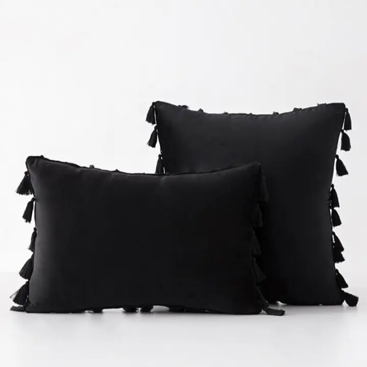 Fundas Para Cojines Negros Con Borlas Hechas a Mano 30x50cm 45x45cm 50x50cm De Velours Sólido Para Sofá Sala De Estar Dormitorio - 1