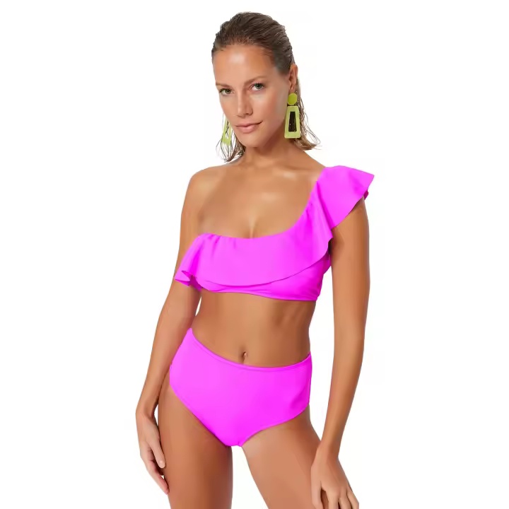 Trendyol Pink One-Shoulder Frilly Bikini Top Tbess21Bu0039 - 1