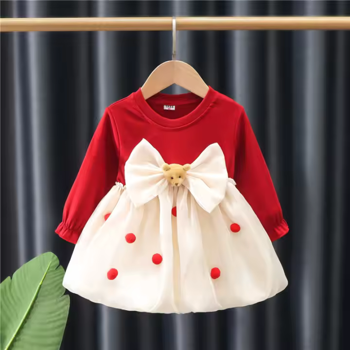 Vestido De Princesa Para Bebés Niñas Con Manga Larga Y Estampado De Osos Polka Dot Vestido Lolita Estilo Invierno Con Borla Y Volante - 1