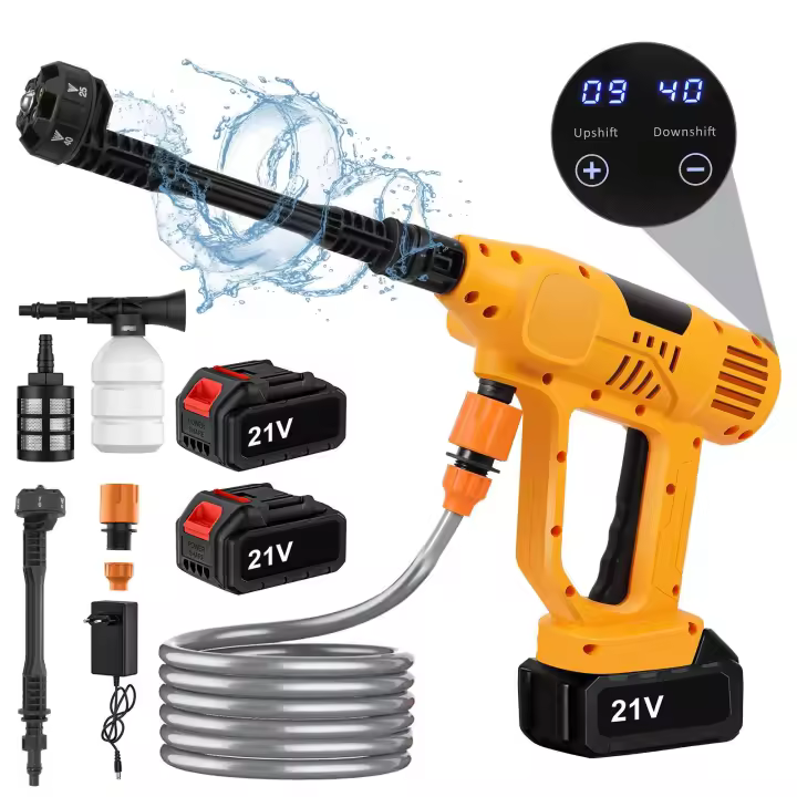 21V inalámbrico de litio pistola de lavado de coches de alta presión para el hogar 10 de potencia ajustable con pantalla de visualización 14 émbolo impermeable autocebante de lavado de coches dios de lavado de coches de riego de flores de usos múltiples - 1