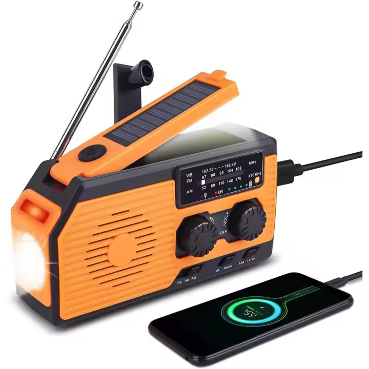 Radio con energía solar, radio portátil con dinamo recargable, resistente al agua, de 5000 mAh, linterna, luz de lectura, alarma SOS, radio con manivela AM FM WB, ideal para acampar y hacer senderismo - 1