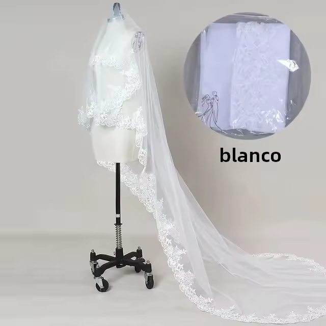 Velo De Novia Largo De Lujo Con Borde De Encaje Blancos/Ivories Un Solo Capa Tulle Cathedral Con Cepillo 3 Metros Accesorio De Novia - 1