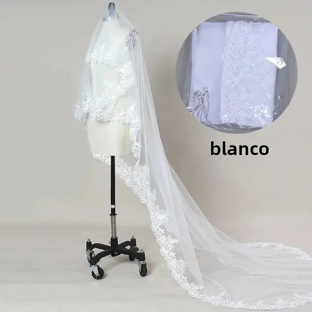 Velo De Novia Largo De Lujo Con Borde De Encaje Blancos/Ivories Un Solo Capa Tulle Cathedral Con Cepillo 3 Metros Accesorio De Novia - 1