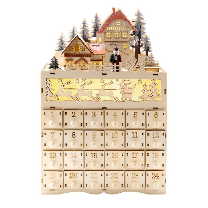 Calendario de Adviento de madera para Navidad, cuenta atrás para decoración navideña, 24 cajones con luz LED - 1