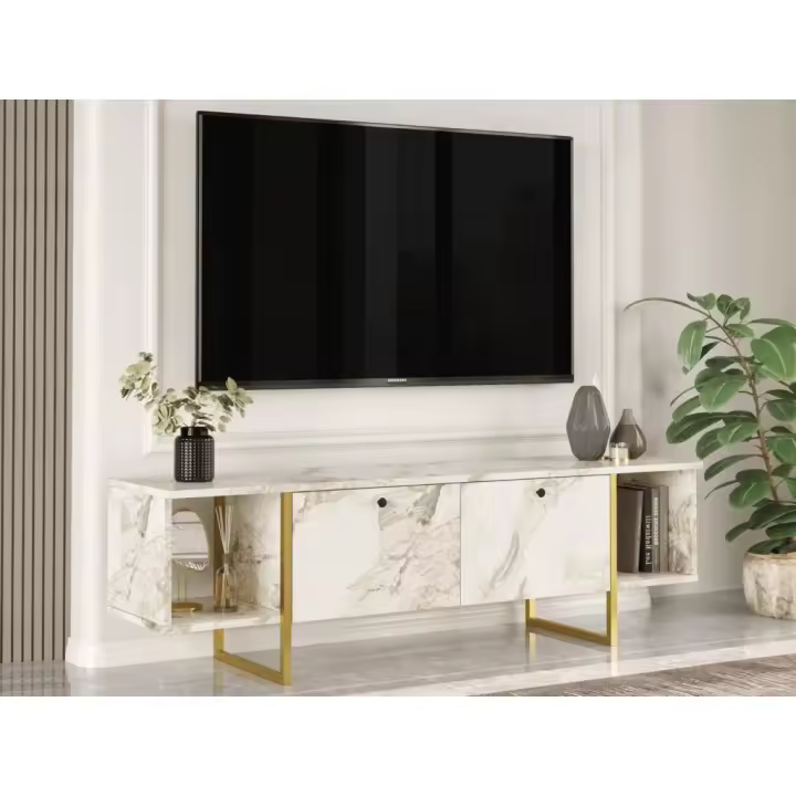 Vente-unique - Mueble de TV 2 puertas y 2 estantes - Efecto mármol blanco y dorado- DERANA - 1