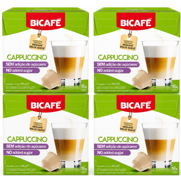 Bicafé - Cápsulas Dolce Gusto compatibles Capuchino sin azúcares añadidos (64 cápsulas), formato soluble cremoso con leche desnatada y cacao, ideal para dieta equilibrada y consumo diario, compatible con Mini Me, Piccolo, Genio, Oblo, Jovia y Drop