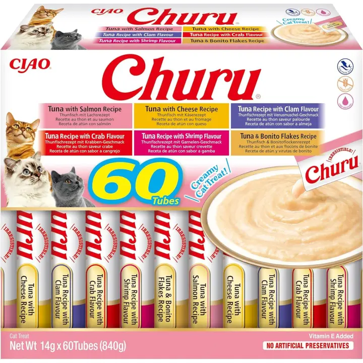 CHURU- INABA- Premios para Gatos - Snacks de varios Sabores - Sin Cereales 60x14g - Deliciosos premios saludables para gatos de todas las edades - Marca CHURU - 1