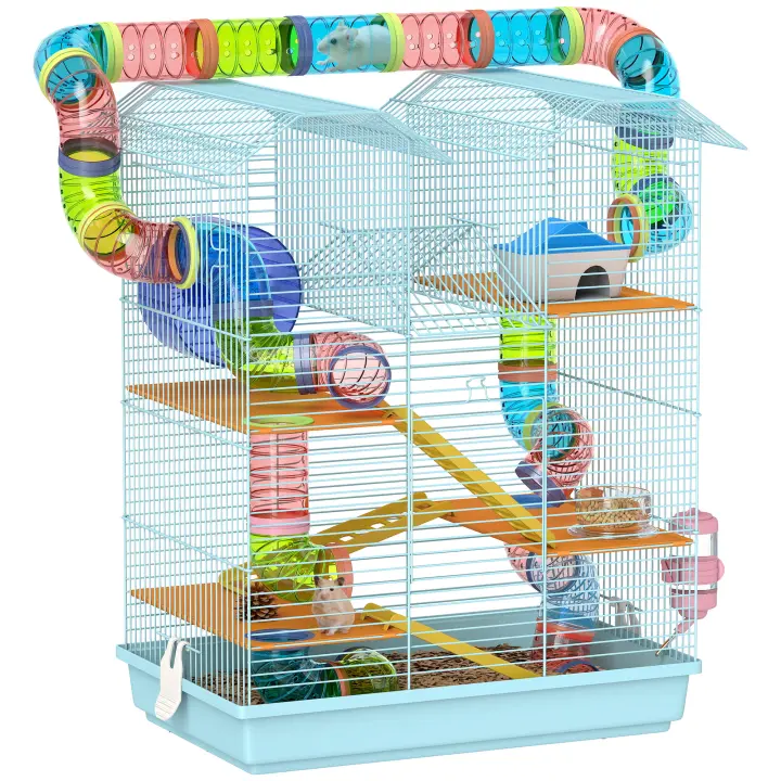 PawHut Jaula para Hámster Hábitat para Animales Pequeños de Múltiples Niveles con 4 Plataformas Cuenco de Comida Bebedero Rueda de Ejercicio Escaleras Sistema de Tubos 47x30x59 cm Azul Claro - 1