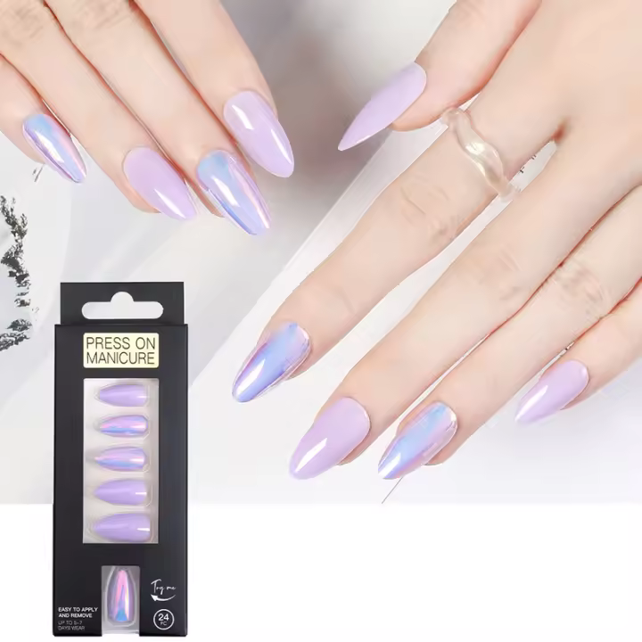 Uñas postizas, juego de uñas almendradas con Efecto Espejo Morado con Lima de uñas y gel de gelatina, 24 Unidades - 1