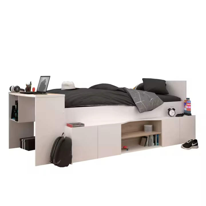 Cama Juvenil con Escritorio Modelo Porto en Color Roble Japonés y Blanco Mate 90x200/190 cm - 1