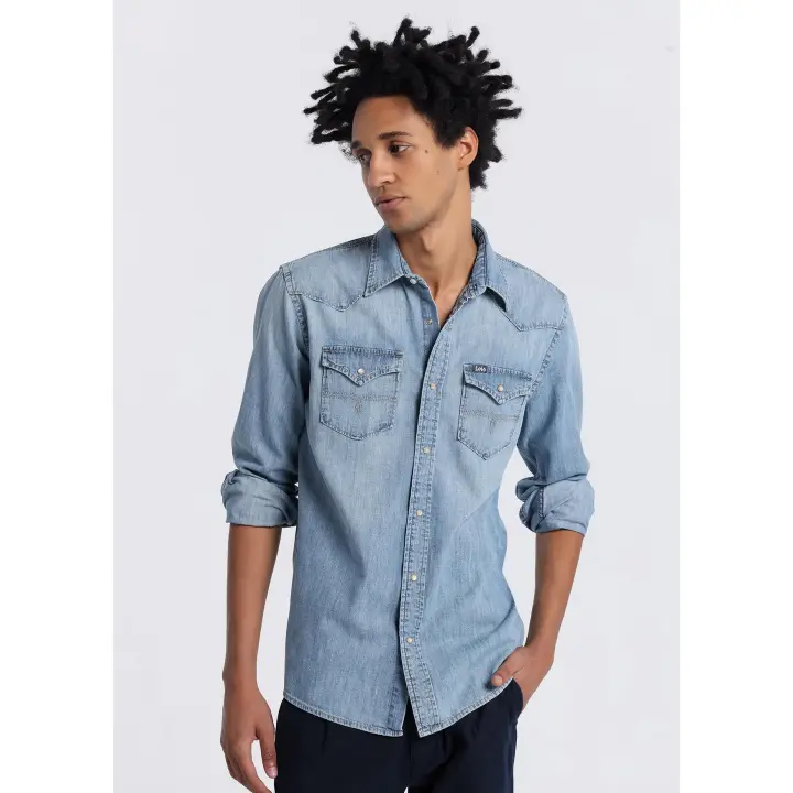 Chaqueta vaquera de corte entallado para hombre, camisa vaquera juvenil de manga larga holgada de color liso - 1