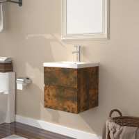 vidaXL Mueble con lavabo madera contrachapada en color Negro/Roble ahumado/Blanco y más | almacenamiento funcional diseño moderno para baño dormitorio sala - details 1