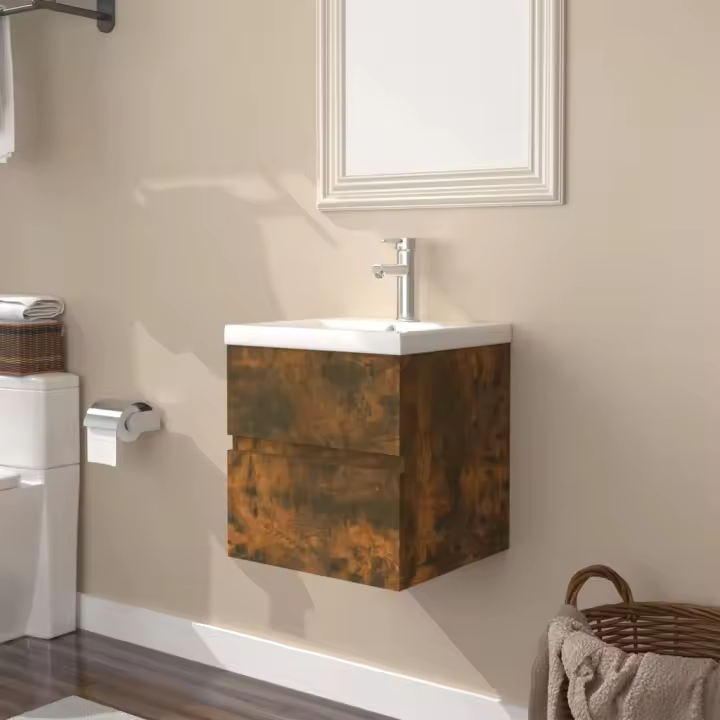 vidaXL Mueble con lavabo madera contrachapada en color Negro/Roble ahumado/Blanco y más | almacenamiento funcional diseño moderno para baño dormitorio sala - 1