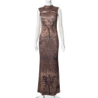 Vestido Largo De Manga Sin Mangas Para Mujer Estilo Casual Con Estampado Redondo European Y American Hot Verano 2024 Slim Fit - details 0