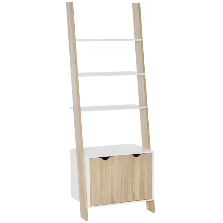 HOMCOM Estantería en Forma de Escalera de Madera Librería con 3 Estantes y 1 Armario de Almacenaje Estilo Nórdico Moderno 60x40x171 cm Roble y Blanco - 1