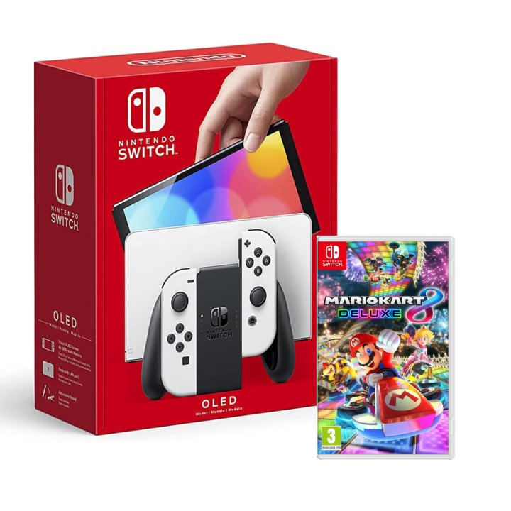 Nintendo Switch (Versión OLED) Blanca Consola + Juego de Mario Kart 8 Deluxe, Pantalla de 7 Pulgadas, Con Estación de Acoplamiento, Joy-Con Blanco - (Versión ES)