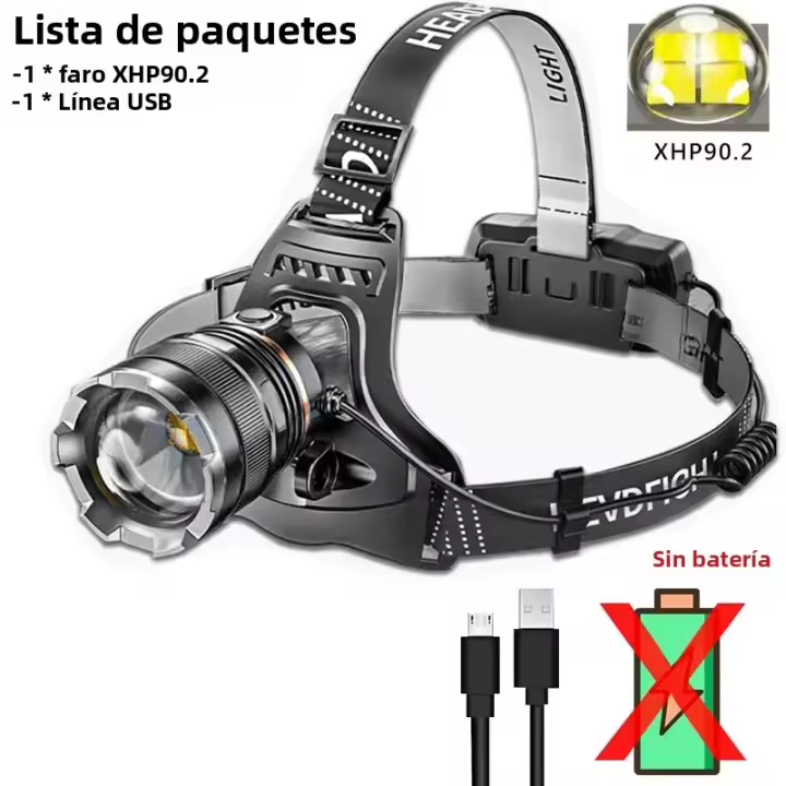 Linterna Frontal LED Super Brillante Con Lámpara XHP90 Impermeable Y Pantalla De Potencia Para Exploración Caza Pesca - 1