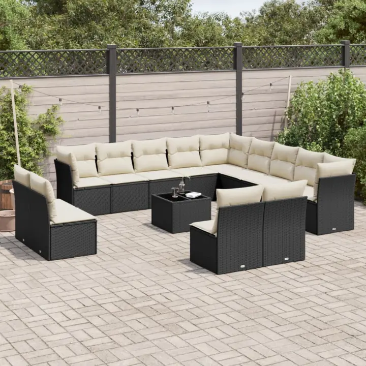 vidaXL Set sofás de jardín 14 pzas con cojines ratán sintético negro - 1