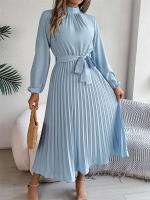 Vestido Largo Elegante Con Cuello Alto Y Mangas Completo Para Mujer Estilo Casual A-Line Cintura Cerrada Pliegues Otoño Invierno - details 35