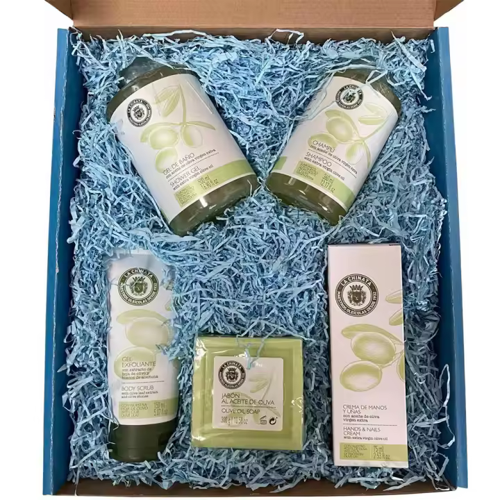 Regalos originales para mujeres. Lote de cosmética La Chinata con champú, Gel, Gel Exfoliante, Crema de Manos y uñas y Pastilla de jabón para Regalar en cumpleaños o dia de las madres. - 1